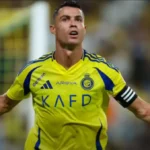 Cristiano Ronaldo celebrating after scoring a free kick for Al-Nassr.