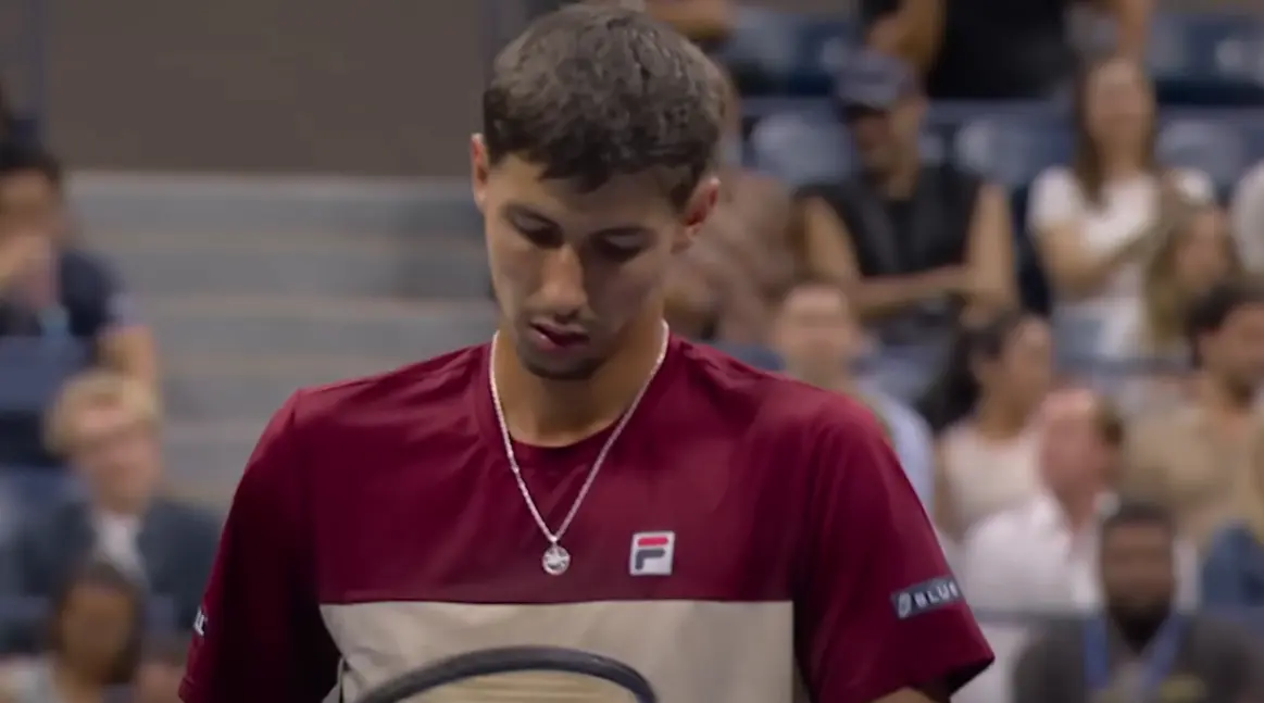 Alexei Popyrin celebrates his victory over Novak Djokovic at the US Open.