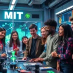 A diverse group of young innovators collaborating in a futuristic MIT lab filled with advanced technology, holographic displays, and green energy solutions, showcasing creativity and teamwork, vibrant colors and dynamic expressions, emphasizing a vision for sustainable future leadership.