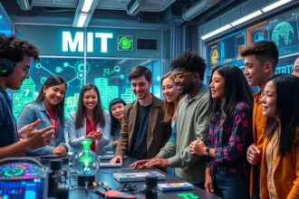 A diverse group of young innovators collaborating in a futuristic MIT lab filled with advanced technology, holographic displays, and green energy solutions, showcasing creativity and teamwork, vibrant colors and dynamic expressions, emphasizing a vision for sustainable future leadership.