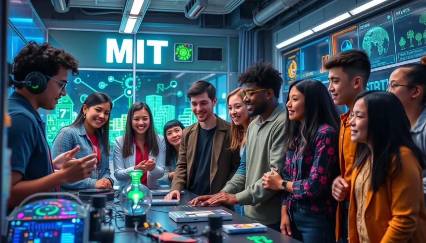 A diverse group of young innovators collaborating in a futuristic MIT lab filled with advanced technology, holographic displays, and green energy solutions, showcasing creativity and teamwork, vibrant colors and dynamic expressions, emphasizing a vision for sustainable future leadership.