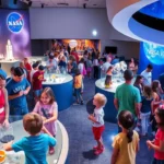 A vibrant scene at a NASA Visitor Center, showcasing families engaging in various interactive space-themed activities.