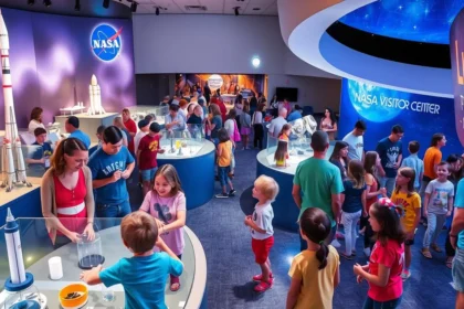 A vibrant scene at a NASA Visitor Center, showcasing families engaging in various interactive space-themed activities.