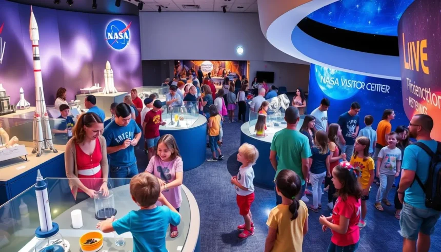 A vibrant scene at a NASA Visitor Center, showcasing families engaging in various interactive space-themed activities.