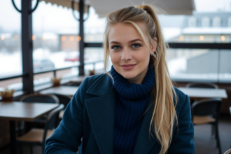 A young American white woman with soft blonde waves, smiling into the camera while holding a small basket filled with colorful beanbags for a Thanksgiving toss game; wearing a cream sweater; modern bright living room with soft autumn décor.