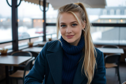 A young American white woman with soft blonde waves, smiling into the camera while holding a small basket filled with colorful beanbags for a Thanksgiving toss game; wearing a cream sweater; modern bright living room with soft autumn décor.
