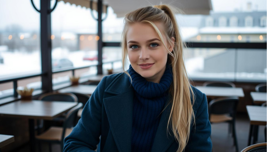 A young American white woman with soft blonde waves, smiling into the camera while holding a small basket filled with colorful beanbags for a Thanksgiving toss game; wearing a cream sweater; modern bright living room with soft autumn décor.