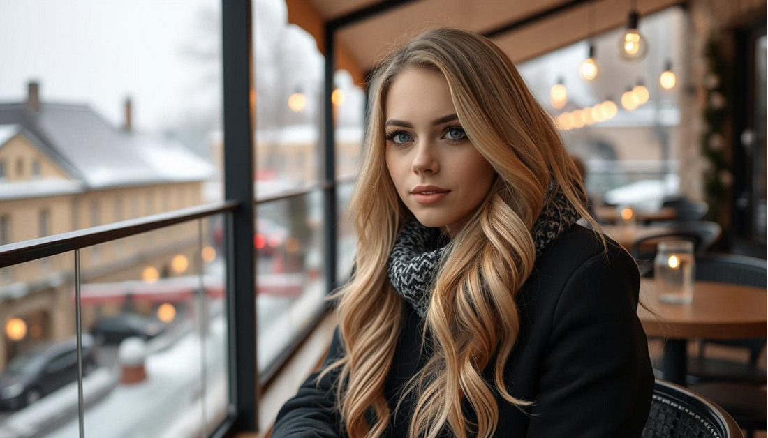 A young American white woman with soft blonde waves, smiling into the camera while holding a small basket filled with colorful beanbags for a Thanksgiving toss game; wearing a cream sweater; modern bright living room with soft autumn décor.