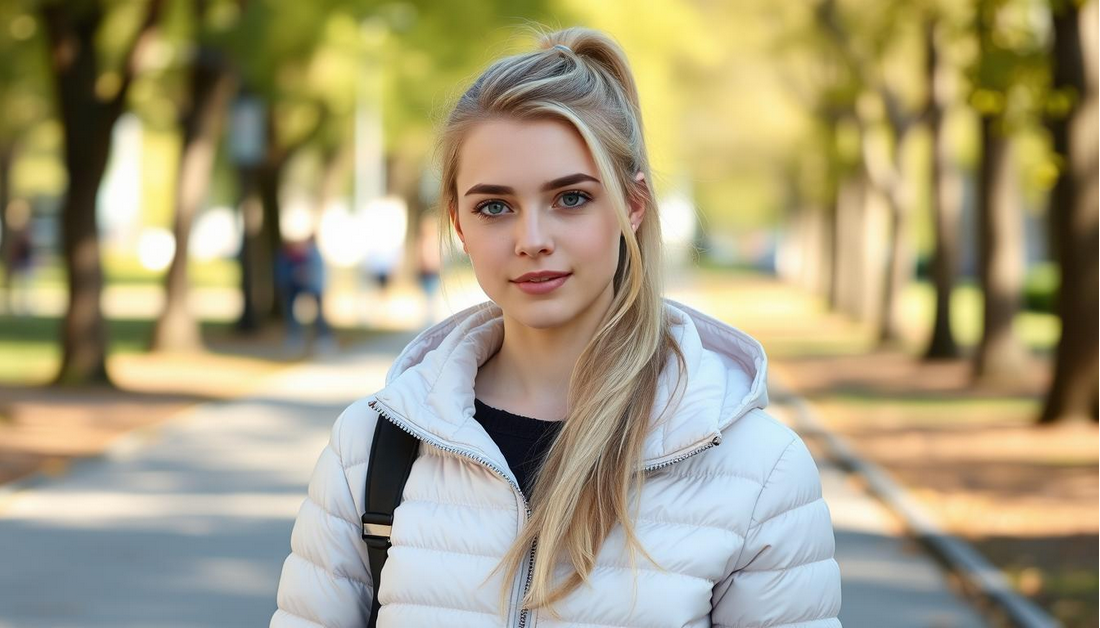 A young American white woman with soft blonde waves, smiling into the camera while holding a small basket filled with colorful beanbags for a Thanksgiving toss game; wearing a cream sweater; modern bright living room with soft autumn décor.