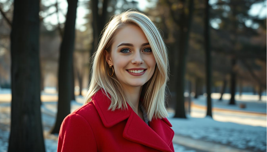 A young American white woman with soft blonde waves, smiling into the camera while holding a small basket filled with colorful beanbags for a Thanksgiving toss game; wearing a cream sweater; modern bright living room with soft autumn décor.