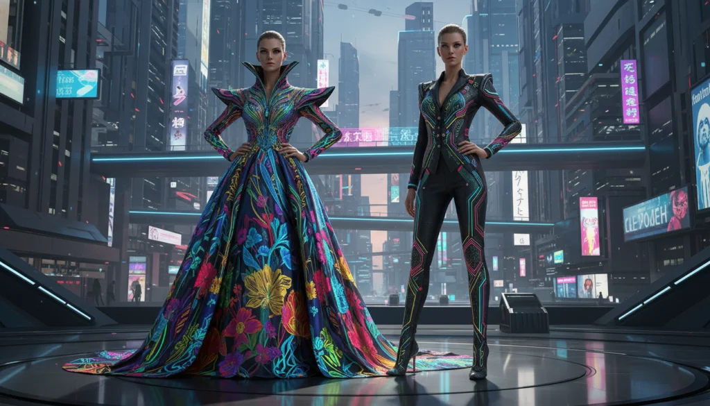 Hypernatural AI girl in flowing colorful fabric dress