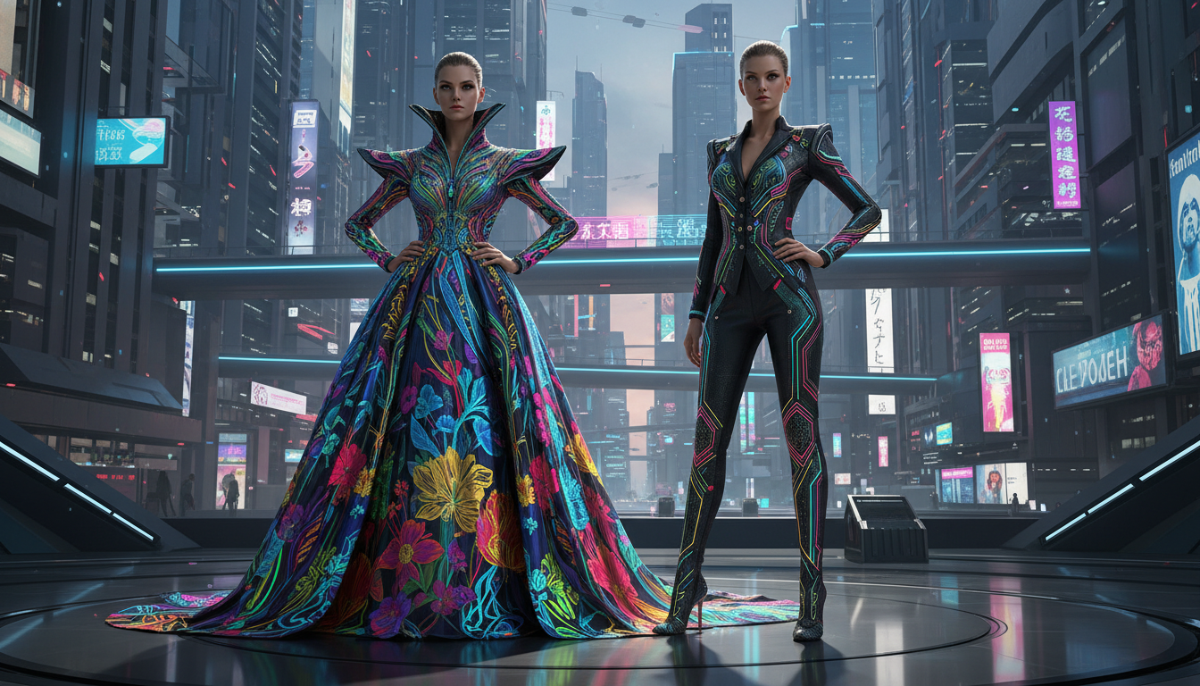 Hypernatural AI girl in flowing colorful fabric dress