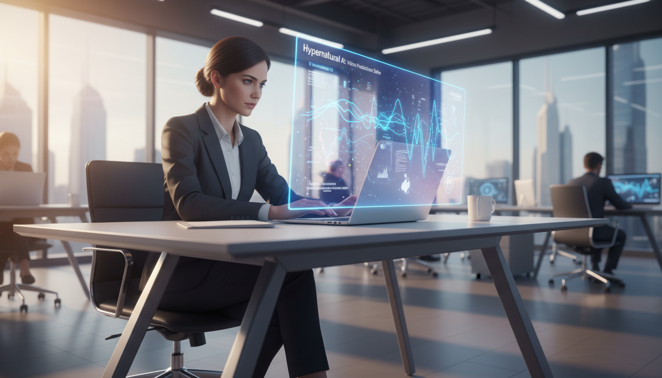 Woman using Hypernatural AI video generator on laptop to create videos in a modern workspace