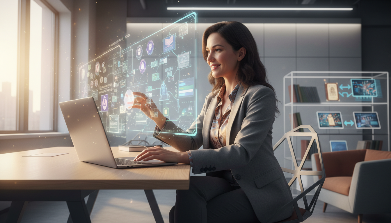 Woman using Hypernatural AI video generator on laptop to create videos in a modern workspace