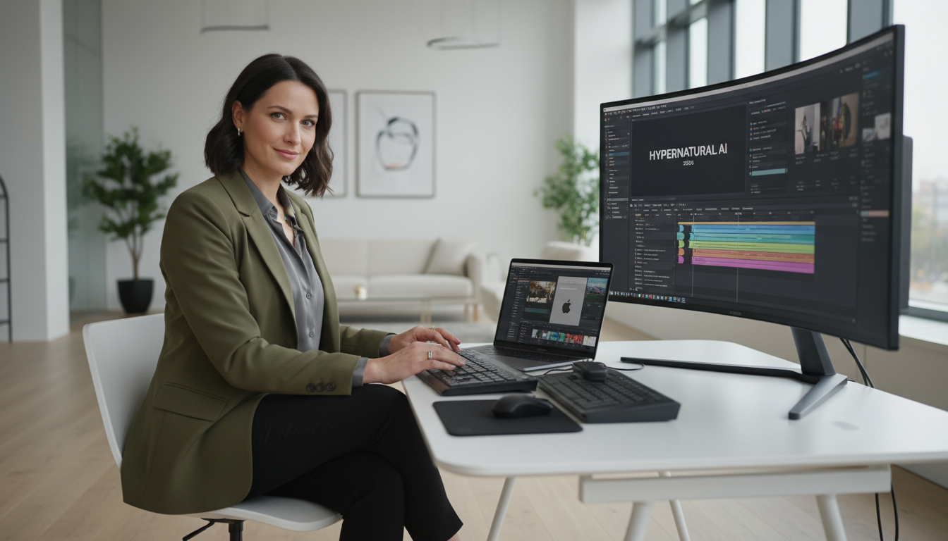 Woman using Hypernatural AI video generator on laptop to create videos in a modern workspace