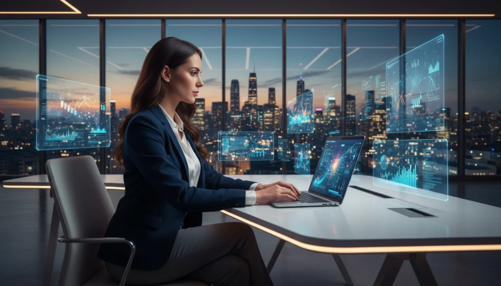 Woman using Hypernatural AI video generator on laptop to create videos in a modern workspace