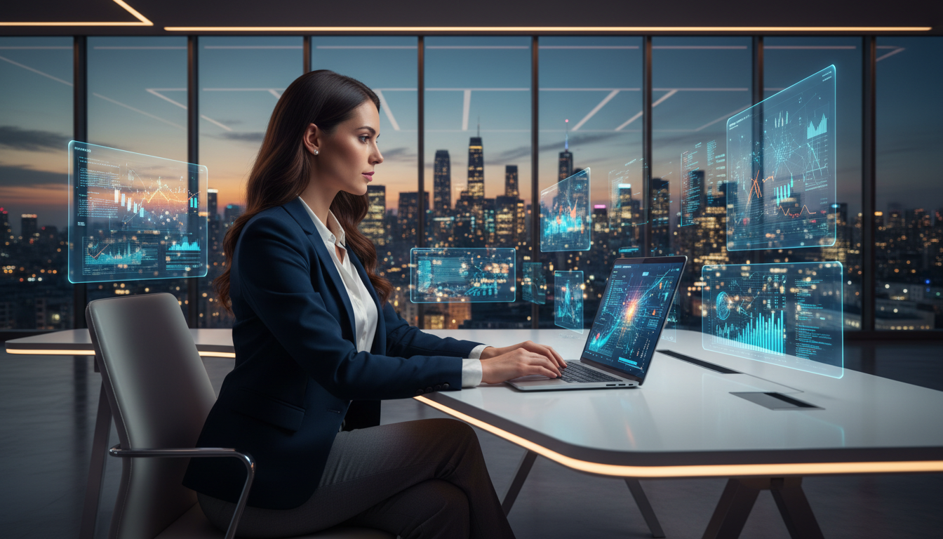 Woman using Hypernatural AI video generator on laptop to create videos in a modern workspace