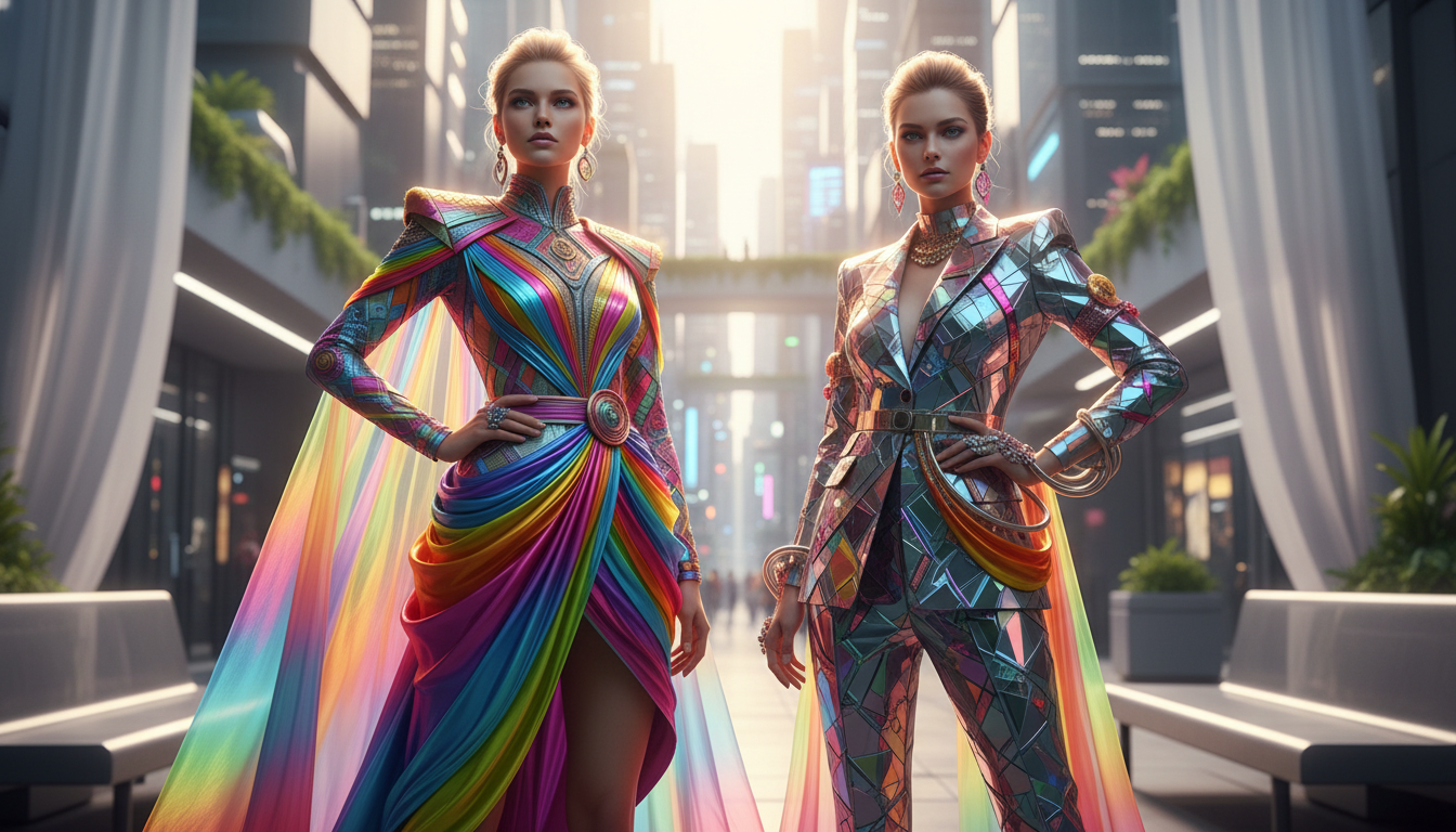 Colorful designer dress on hyperreal AI model