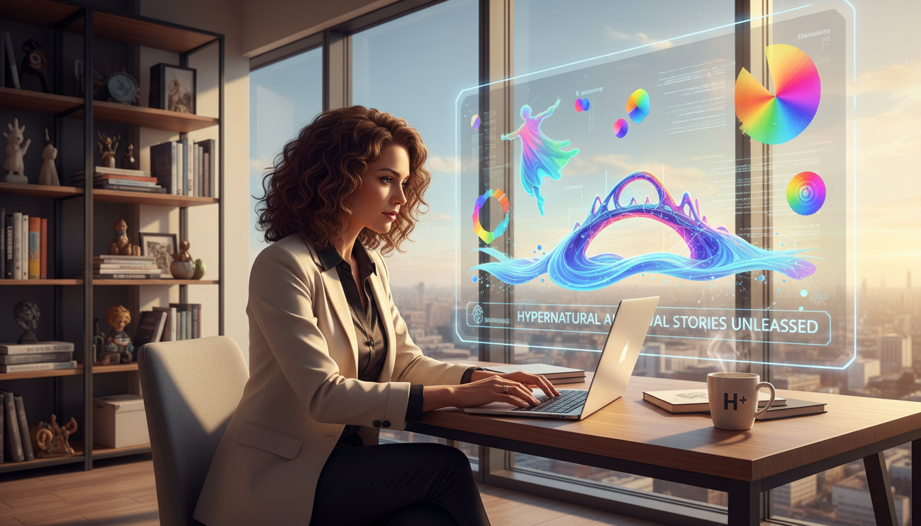 Woman using Hypernatural AI video generator on laptop to create videos in a modern workspace