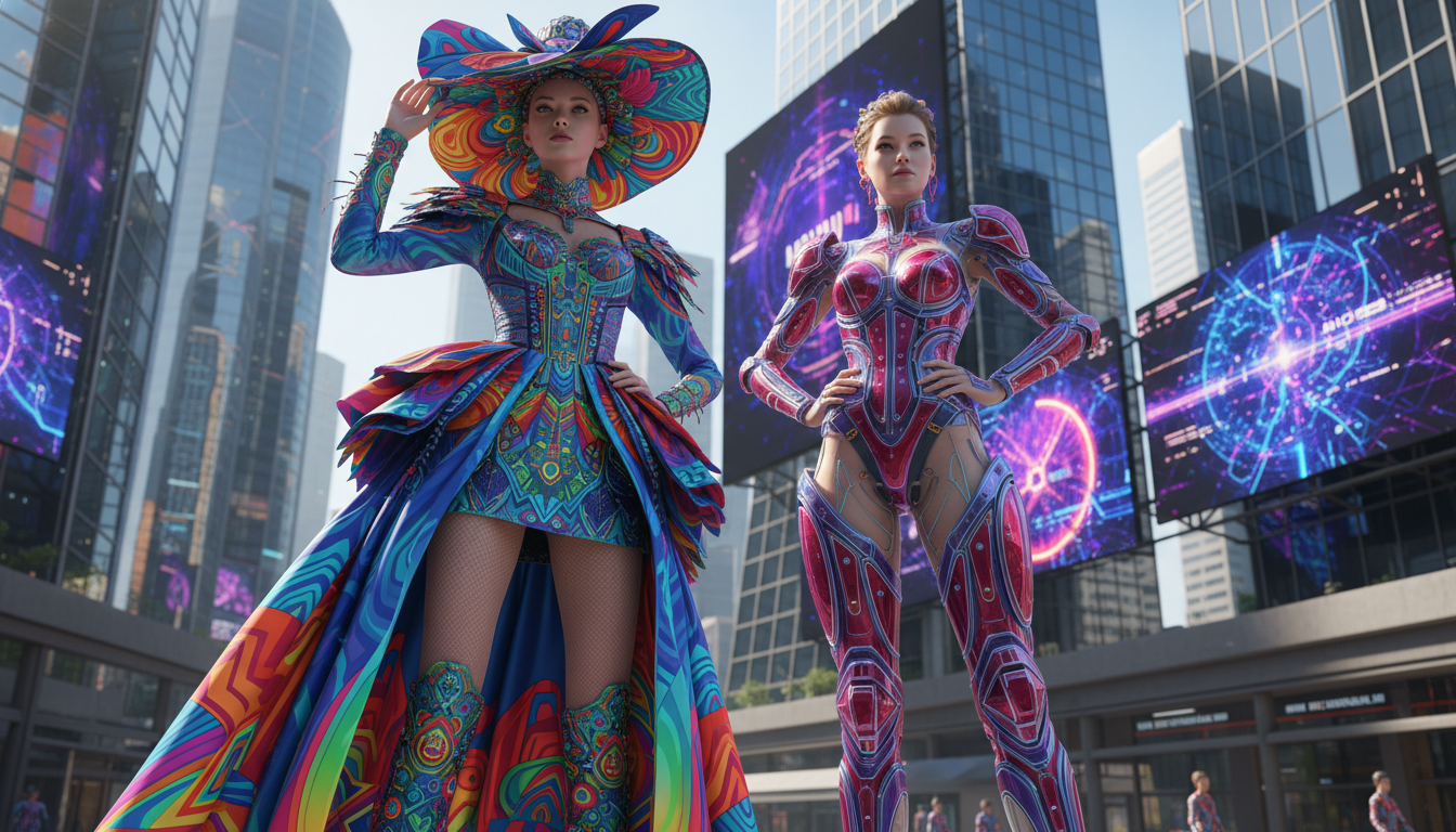 Two AI fashion models in bright trendy outfits