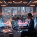 Woman using Hypernatural AI video generator on laptop to create videos in a modern workspace