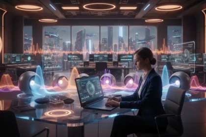 Woman using Hypernatural AI video generator on laptop to create videos in a modern workspace