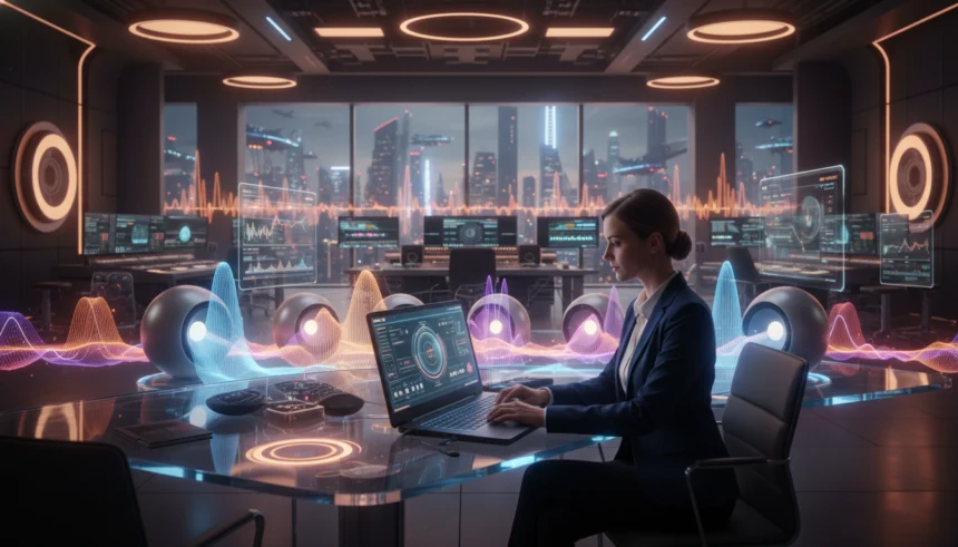 Woman using Hypernatural AI video generator on laptop to create videos in a modern workspace