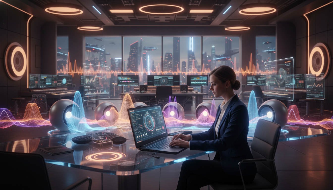 Woman using Hypernatural AI video generator on laptop to create videos in a modern workspace