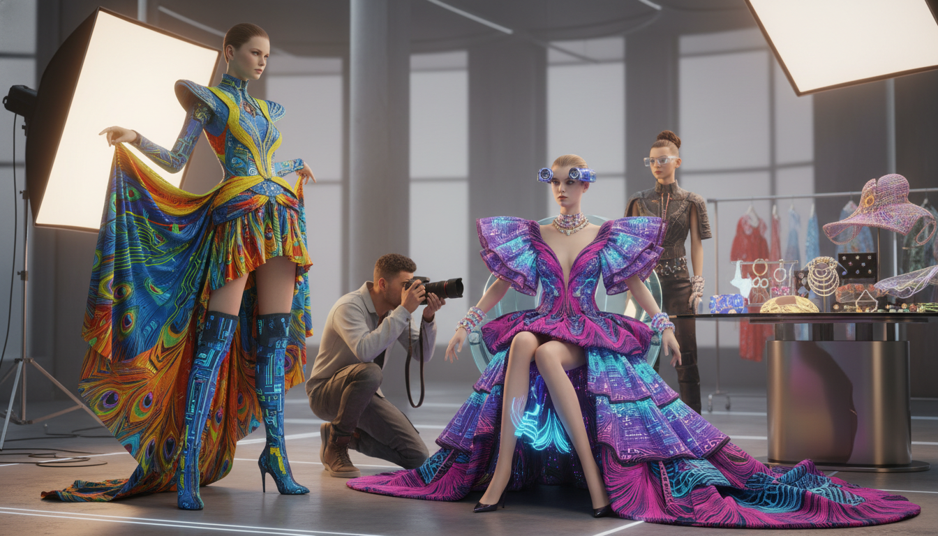 Hypernatural AI fashion model in vibrant multicolor dress