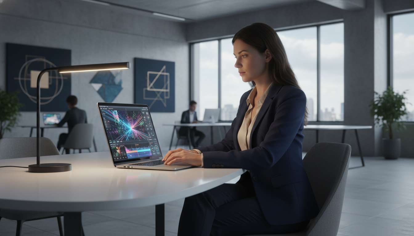 Woman using Hypernatural AI video generator on laptop to create videos in a modern workspace