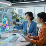 Futuristic office workspace with creators using Hypernatural AI interface for visual content creation