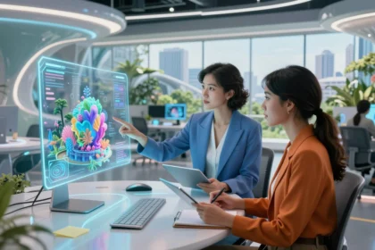 Futuristic office workspace with creators using Hypernatural AI interface for visual content creation