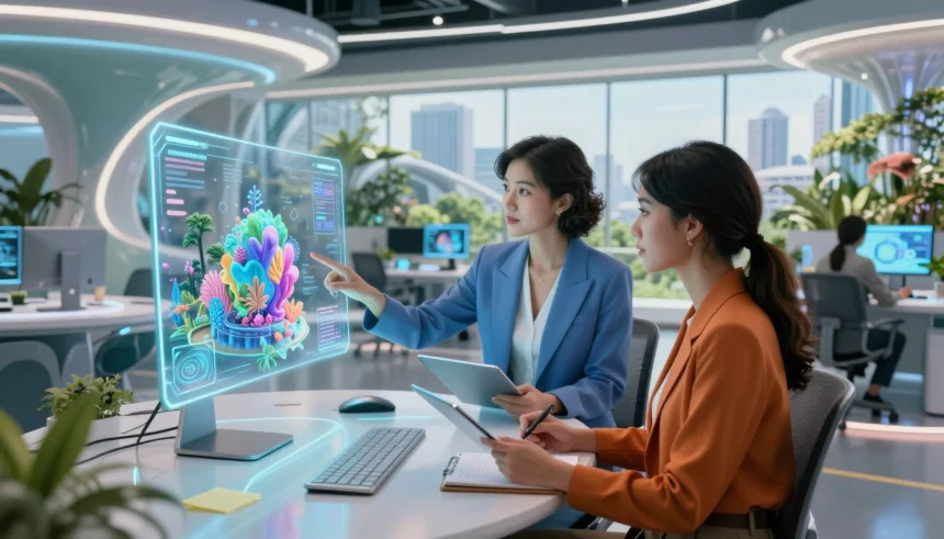 Futuristic office workspace with creators using Hypernatural AI interface for visual content creation