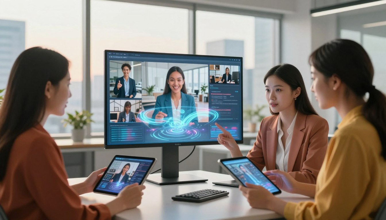 Team collaborating on virtual meeting using Hypernatural AI-powered video and content tools