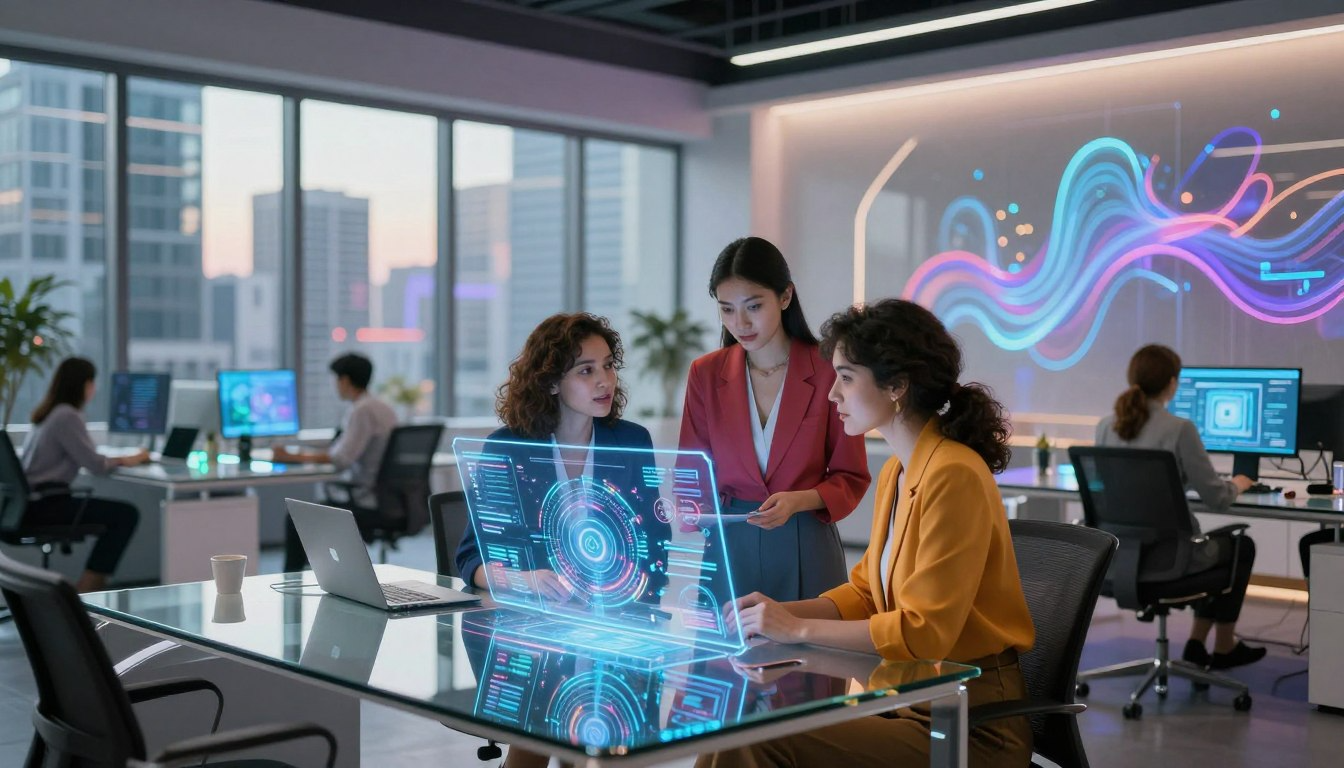 Creative team working with holographic interface powered by Hypernatural AI for digital content production