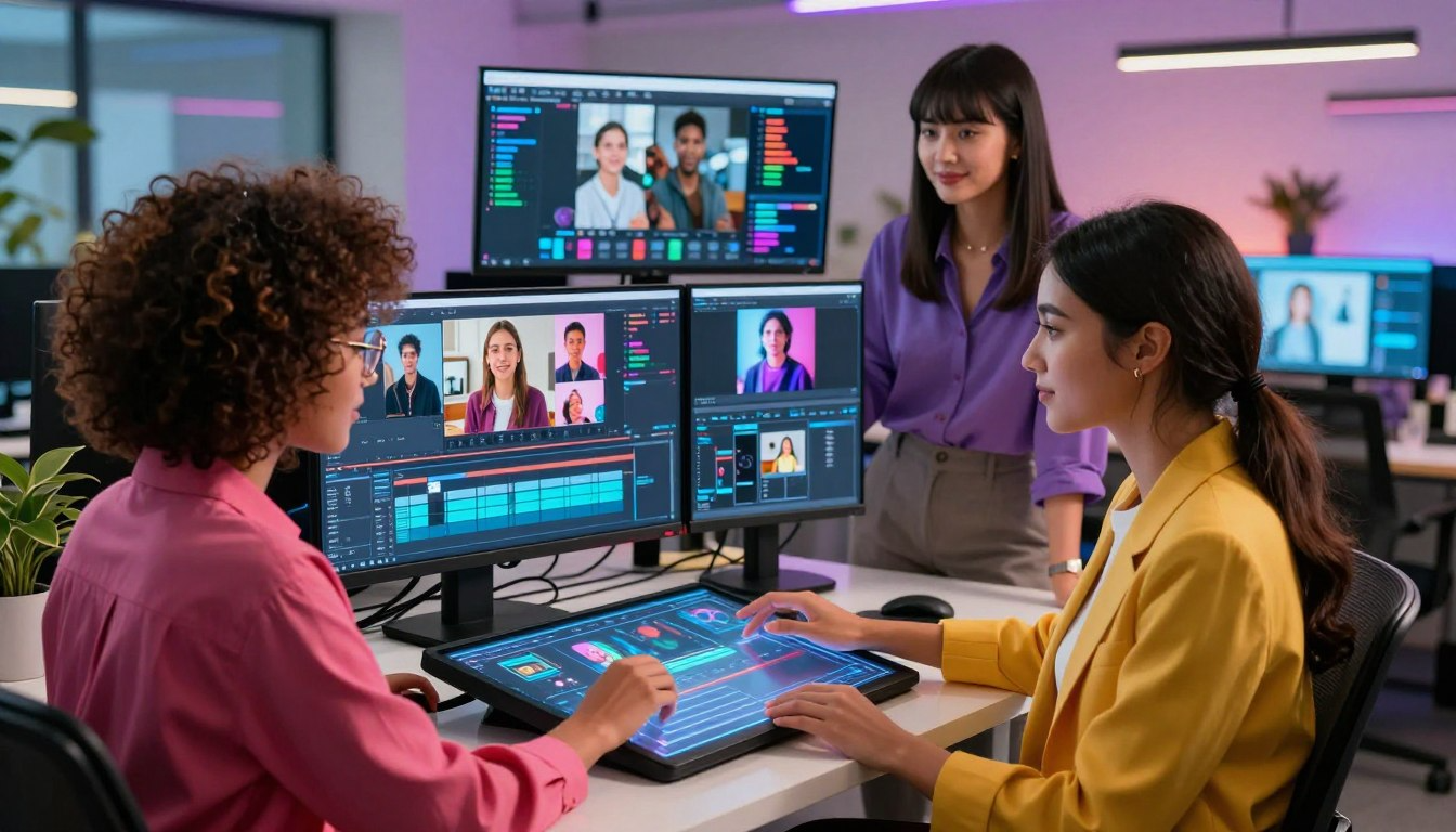 Creative team working with holographic interface powered by Hypernatural AI for digital content production