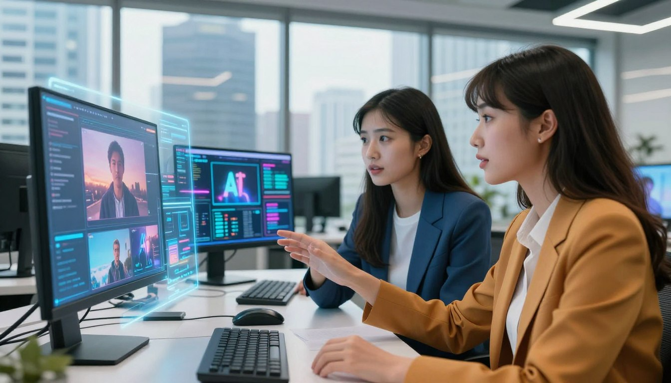 Team collaborating on virtual meeting using Hypernatural AI-powered video and content tools