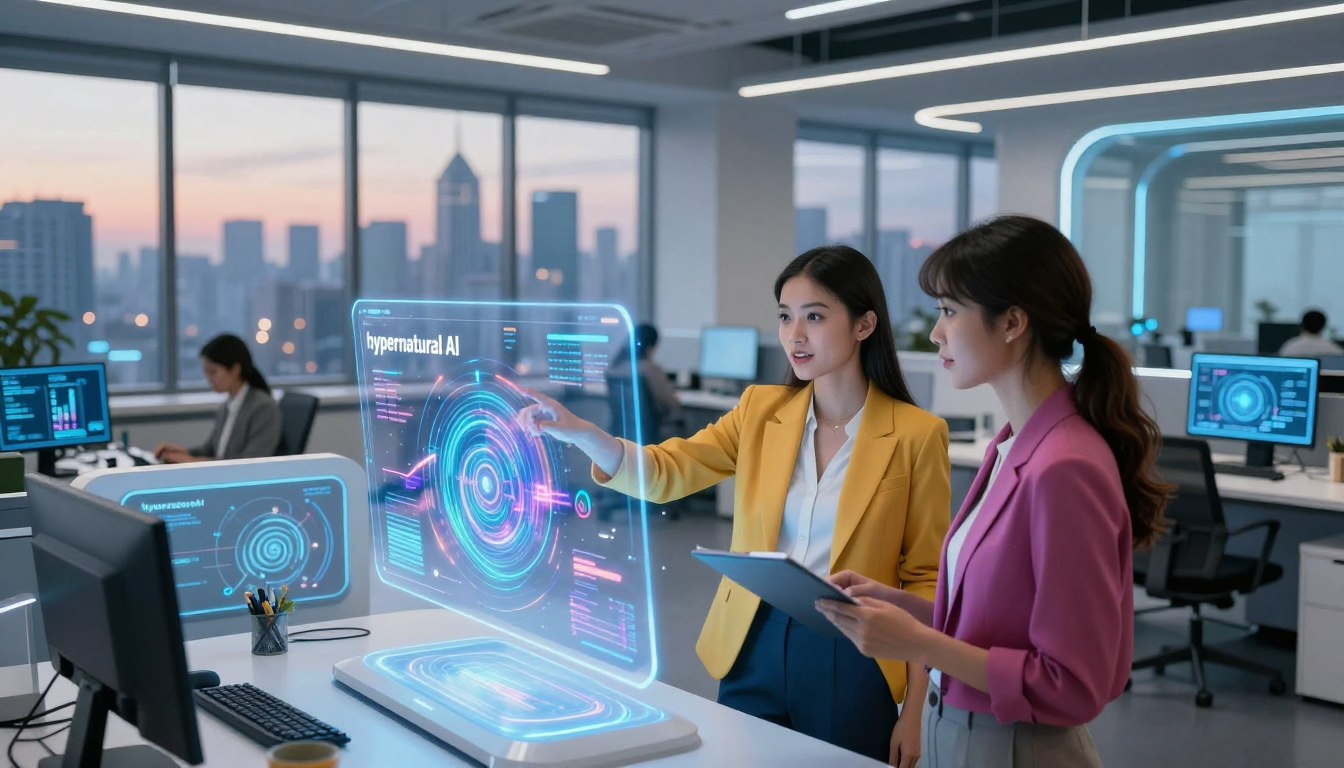 Two professionals analyzing data dashboards generated by Hypernatural AI for content optimization