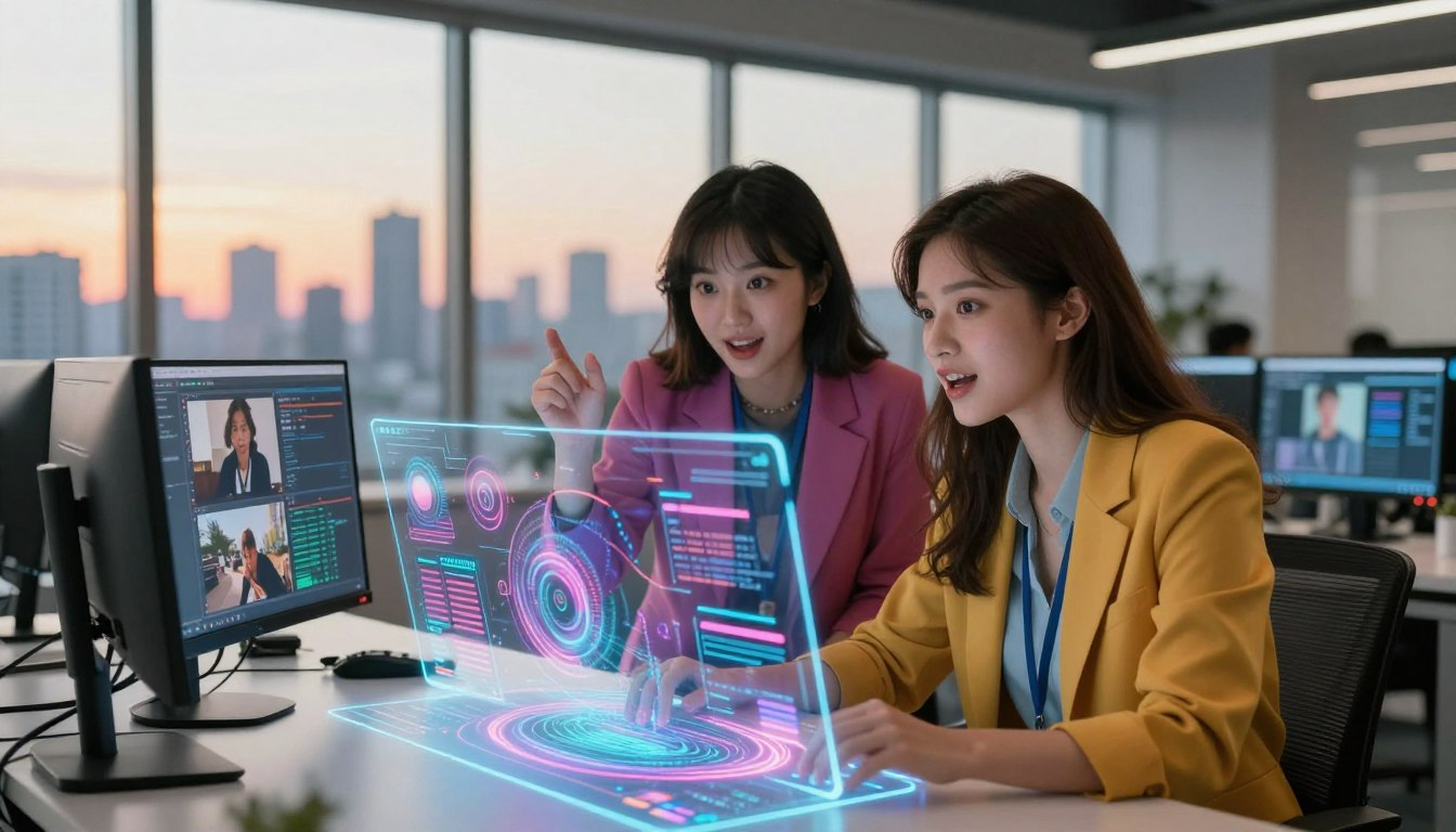 Futuristic office workspace with creators using Hypernatural AI interface for visual content creation