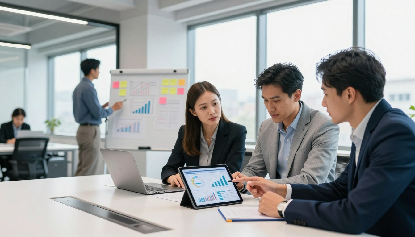 Business team reviewing AI data analytics on tablet in modern office