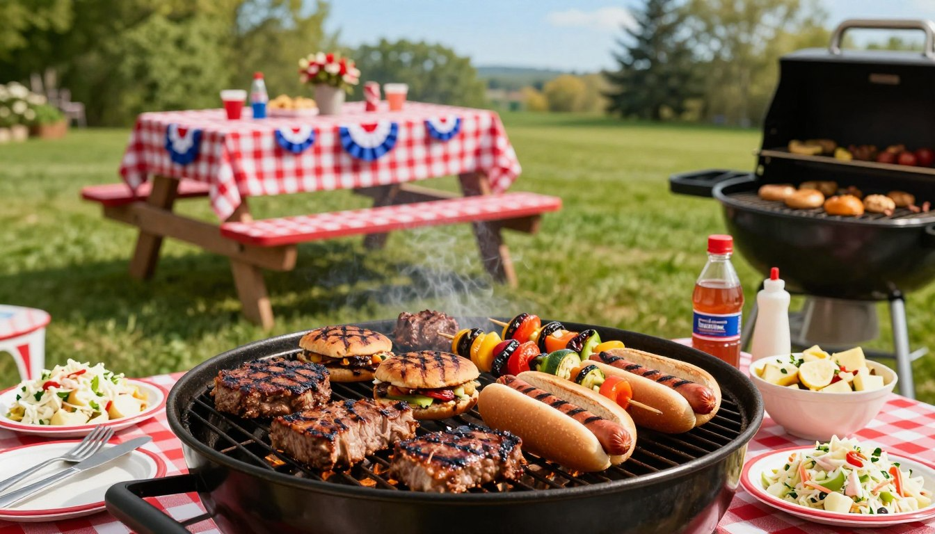 Memorial Day grill recipes with burgers hot dogs and skewers on outdoor BBQ