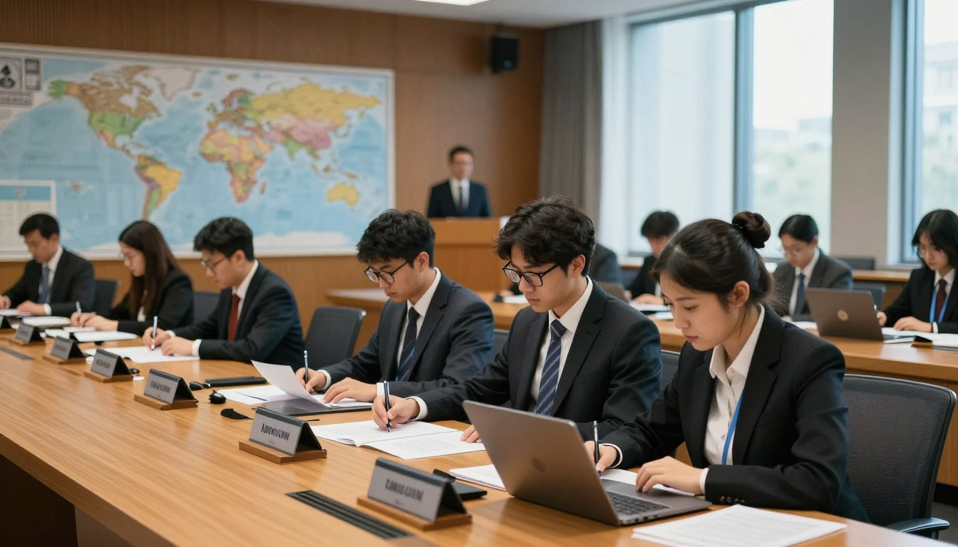 MUN preparation AI prompts delegates writing at conference table
