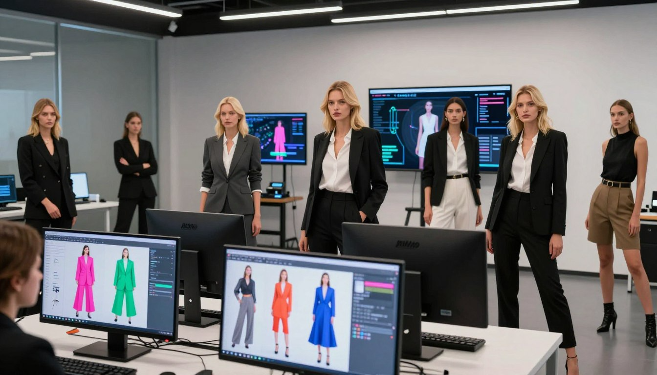 Fashion designers using Hypernatural AI to create virtual model videos in a modern office
