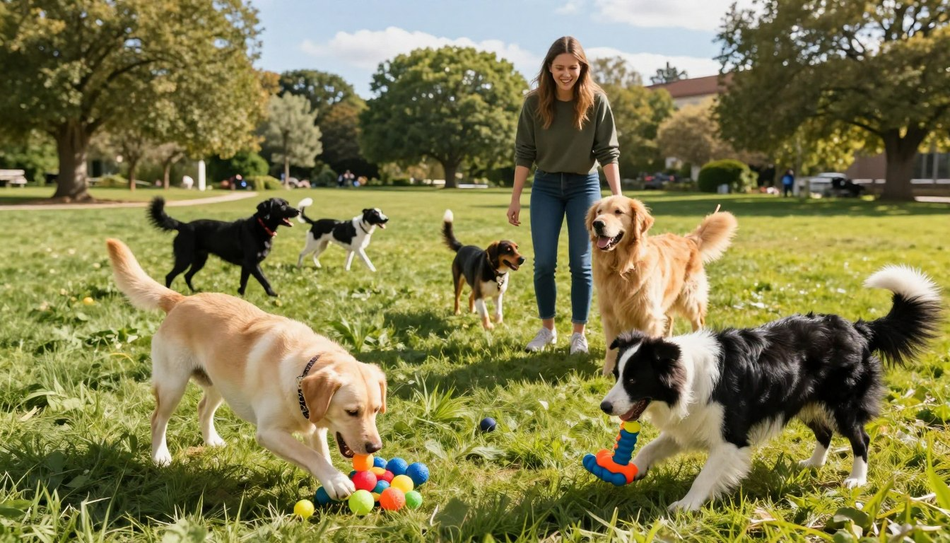 Dog owner playing enrichment activities with multiple dogs in sunny park using colorful toys
