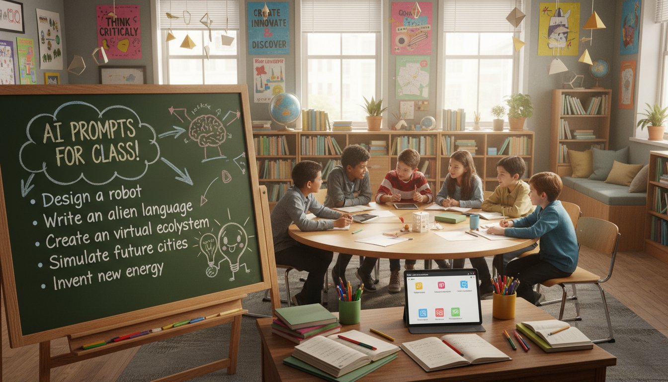 Students collaborating in a modern classroom with AI prompts displayed on a chalkboard for creative learning activities.