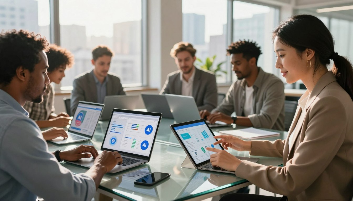 Diverse business team using AI software on laptops in office meeting