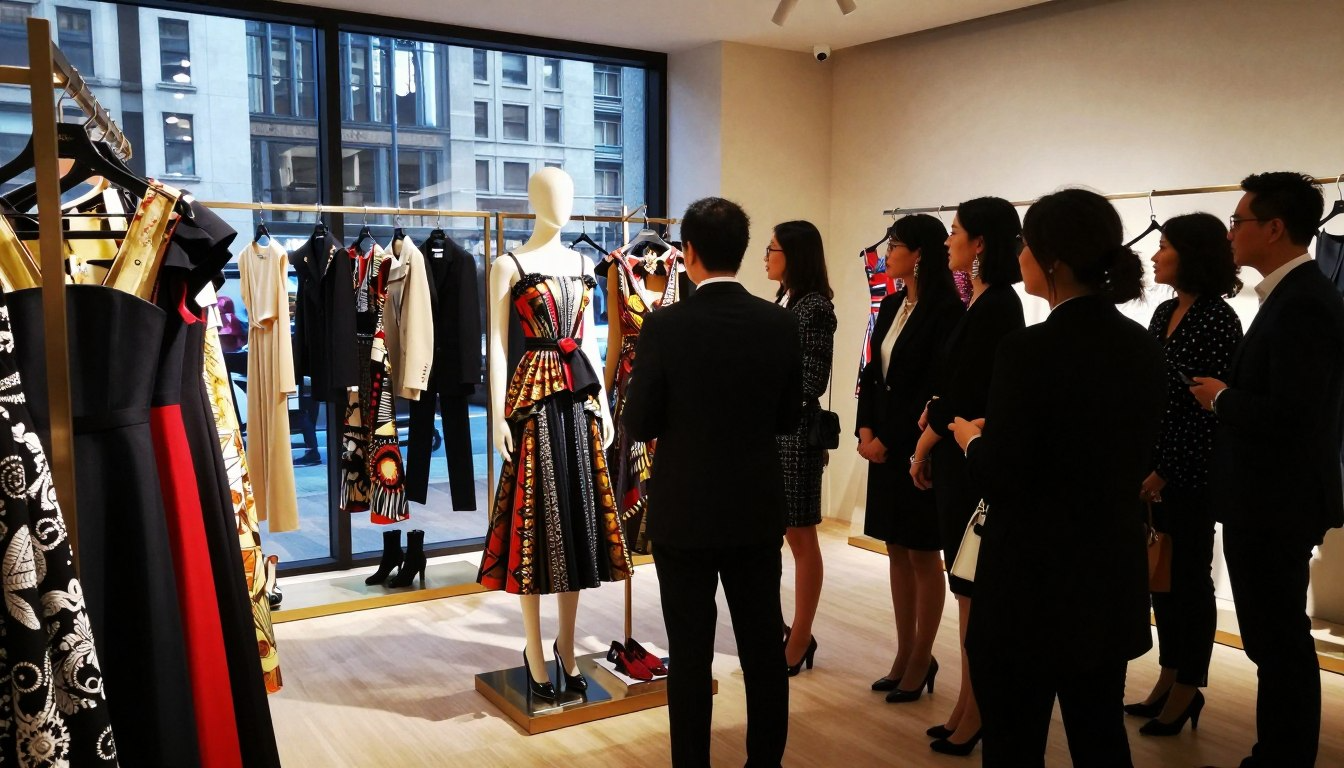 Fashion team reviewing designer collections at Runway magazine showroom