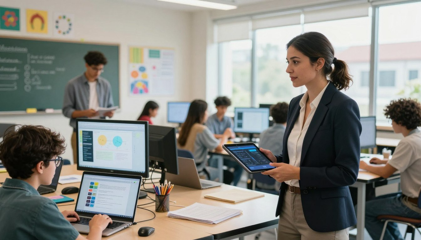 School principal using tablet with AI dashboard to manage classroom learning