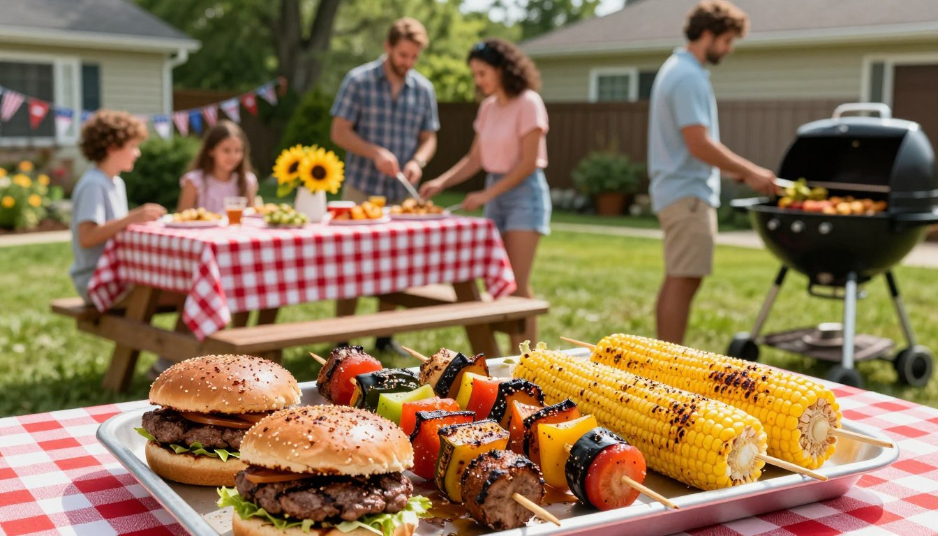 American family grilling burgers corn and skewers in backyard on Memorial Day