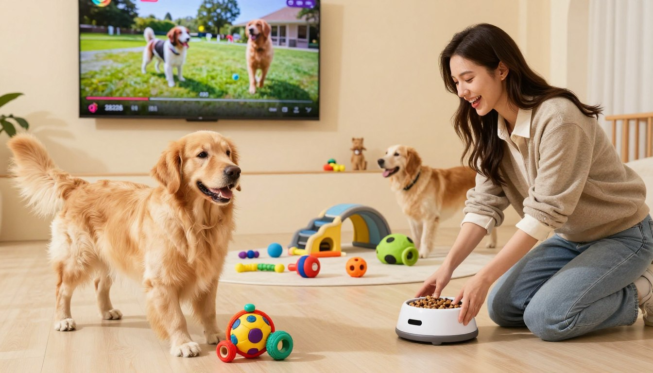 Golden retriever with enrichment toys and smart feeder bowl in modern living room with dog video on TV